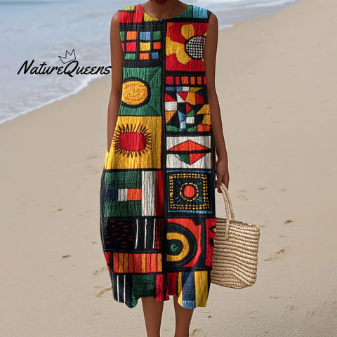 Juneteenth Black Pride African Geometric Art Linen Tank Dress