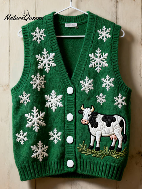 Christmas Cow Art Print Sleeveless Knit Cardigan Sweater