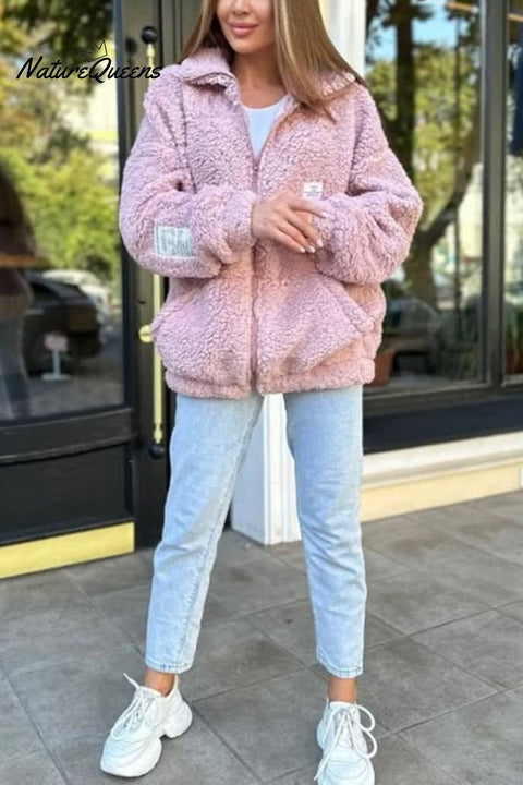 Solid Color Casual Long Sleeve Zipper Pocket Loose Jacket