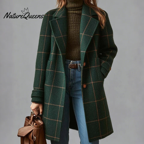 Women's Dark Green Notched Lapel Plaid Two Button Pockets Long Sleeve Mid-Length Coat
