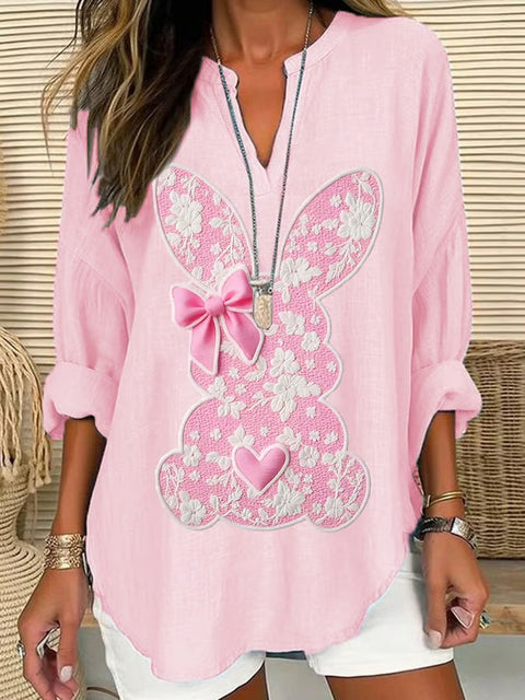 Women's Rabbit Print Casual Long Sleeve V-Neck Shirt