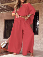 Full Size Boat Neck Top and Wide Leg Pants Set Plus Size