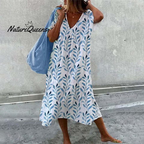 Leaf Print Short-sleeved V-neck Splicing Long Dress