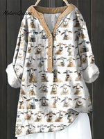 Cute Animal Sheep Print Cotton Linen V-neck Top