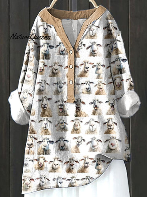 Cute Animal Sheep Print Cotton Linen V-neck Top