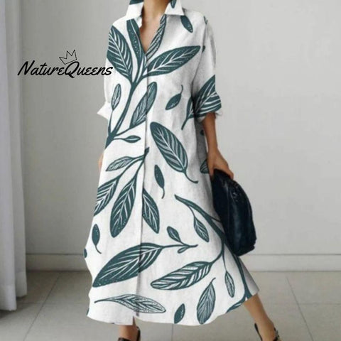 Women's green Fashion digital 3D flower print loose large size long sleeve shirt dress