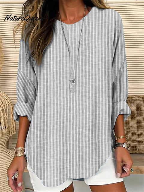 Women’s Retro Striped Design Loose Long Sleeve Crew Neck Top Grey / S