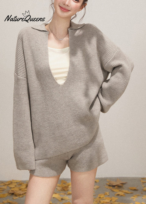 Light Grey Knit Cozy Two Pieces Set Deep-V Neck Fall