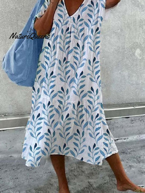 Leaf Print Short-sleeved V-neck Splicing Long Dress