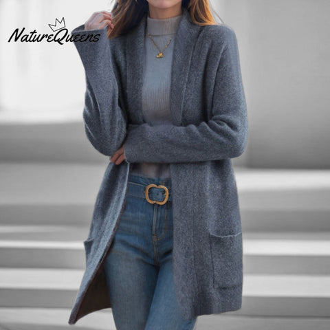 Women's Knitted Lapel Collar Long Sleeve Patch Pockets Mid-Length Sweater Cardigan