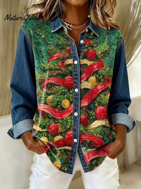 Women's Christmas landscape print casual stitching denim shirt