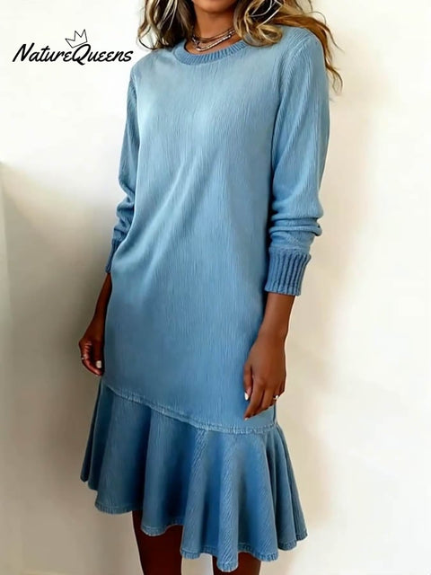 Women's Casual Round Neck Long Sleeve Corduroy Dress
