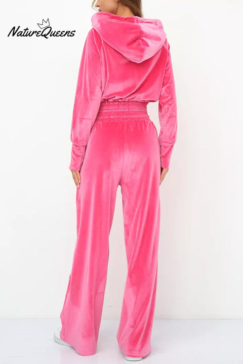 Solid Color Velvet Hooded Zip-up Sweatshirt and Elastic Waist Casual Pocket Straight-leg Pants Set
