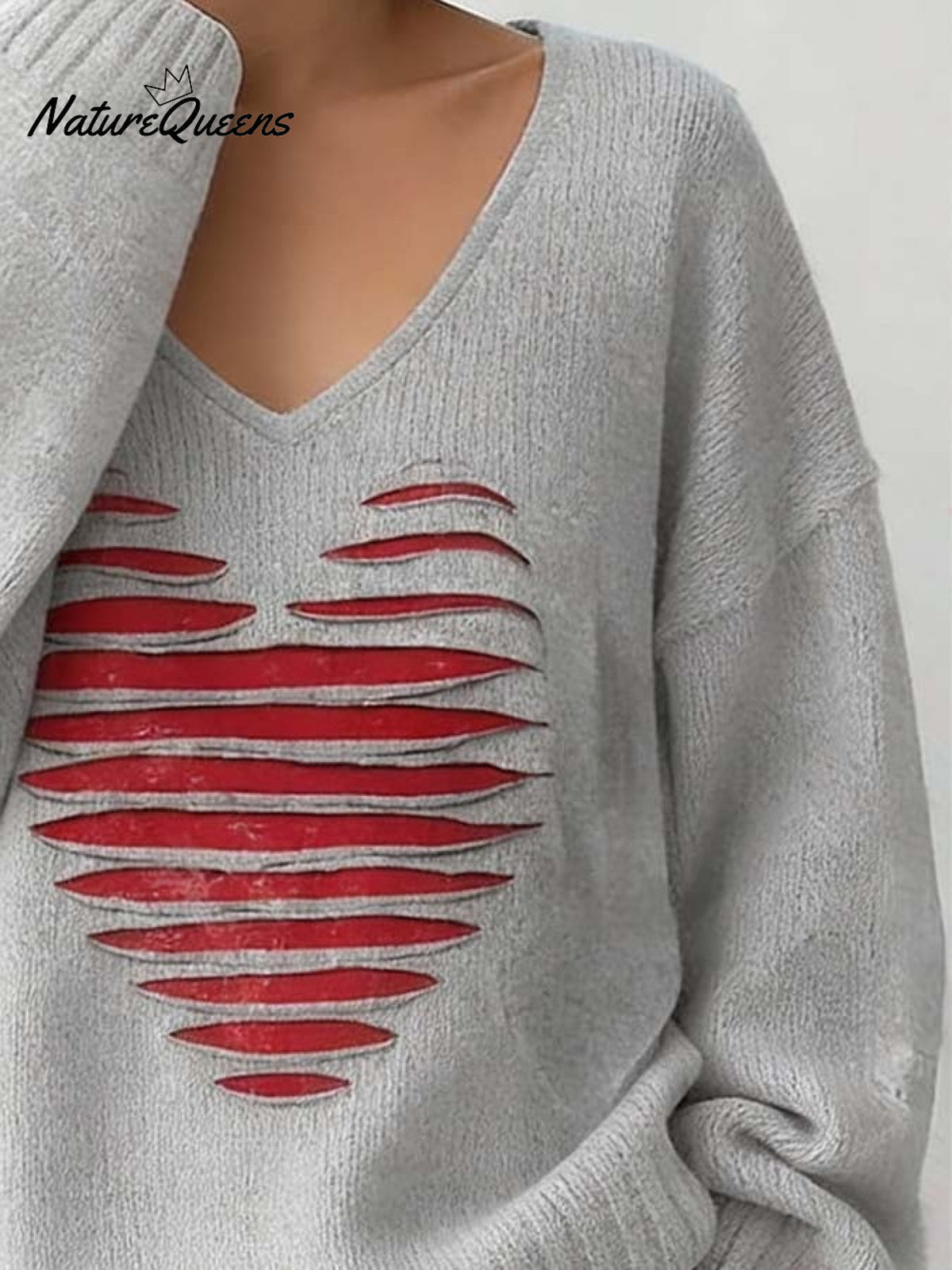 Women'S Casual Loose-Fitting V-Neck Heart-Patterned Sweater