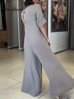 Women's Casual Solid Color V-Neck Mid-Sleeve Cotton and Linen Jumpsuit