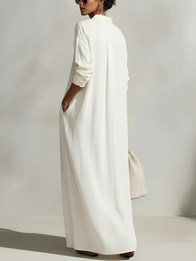Casual Plain Buttoned Shirt Collar Maxi Dress
