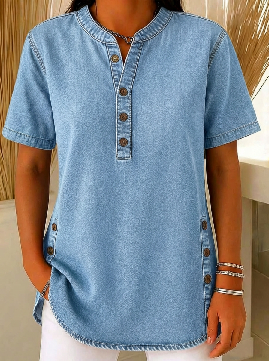 Women's V-neck short-sleeved Casual Button-up Loose Denim Top