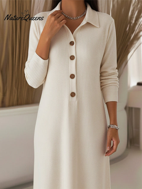Women's Casual Polo Collar Button Corduroy Midi Dress