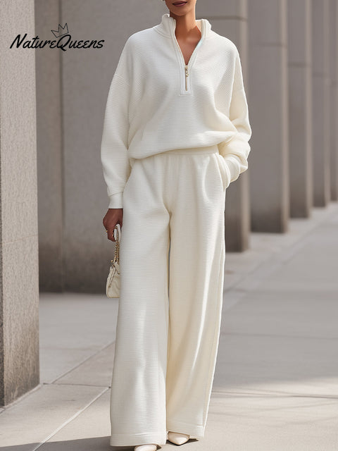 Elegant Textured Half-Zip Loungewear Set