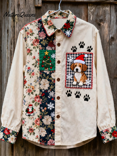 Christmas Dog Patchwork Art Print Casual Shirt