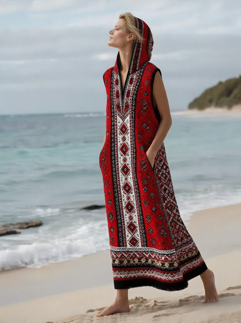 Ethnic Printed Cotton Hooded Women's Dress