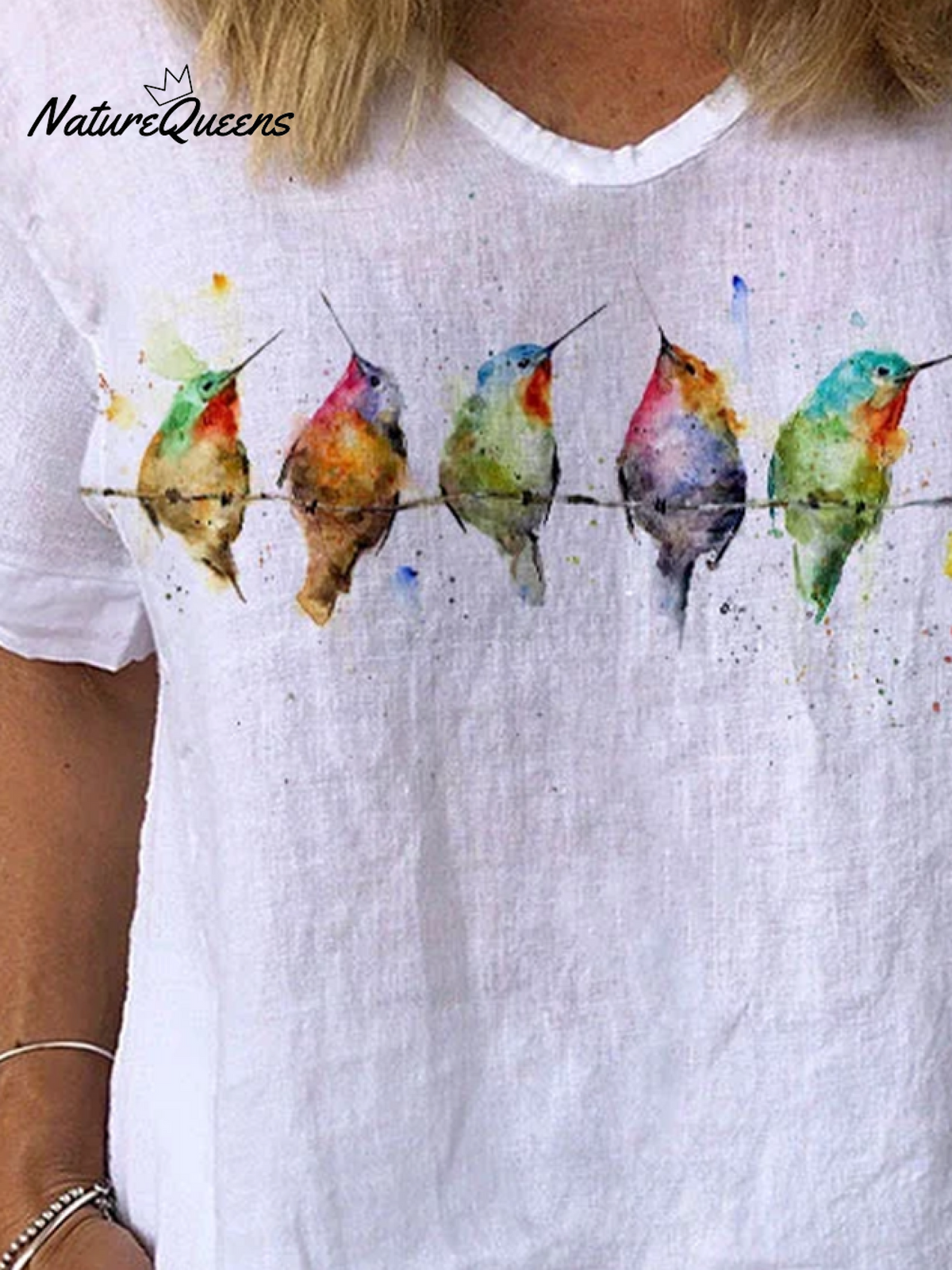 Jfn Cotton & Linen Watercolor Hummingbirds Print Lounge Top