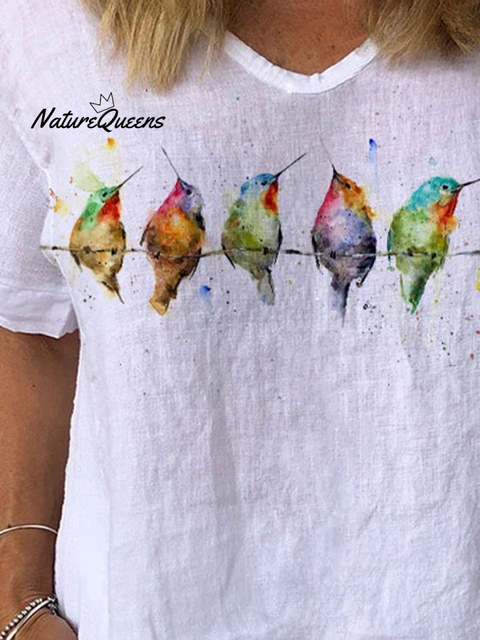 Jfn Cotton & Linen Watercolor Hummingbirds Print Lounge Top