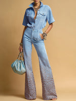 Retro Lapel Short Sleeve Faux Suede Shirt And Gradient Leopard Print Flared Trousers