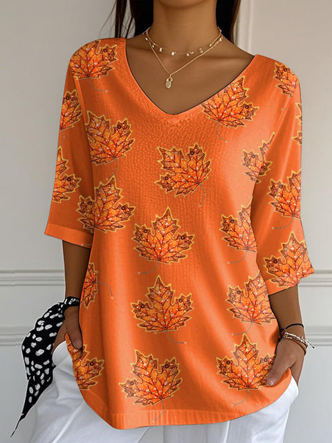 Women's Autumn Maple Leaf Print Jacquard Fabric Casual V-Neck Top