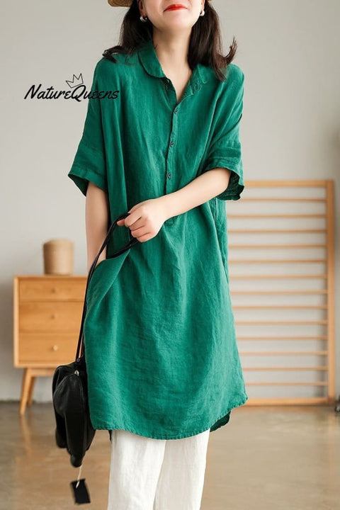 Simple Loose Solid Color Mid Sleeve Lapel Shirt