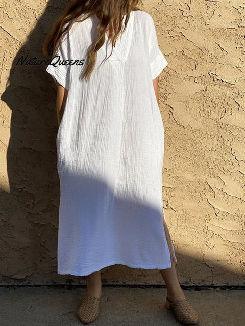 Women's Cotton V-Neck Loose Long Dress