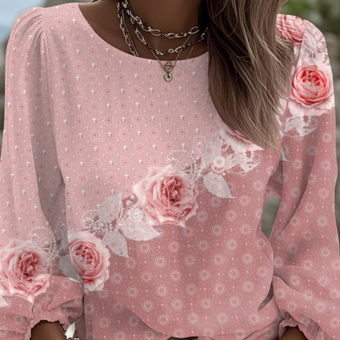 Women's Floral Print Round Neck Long Sleeve Linen Blend Shirt