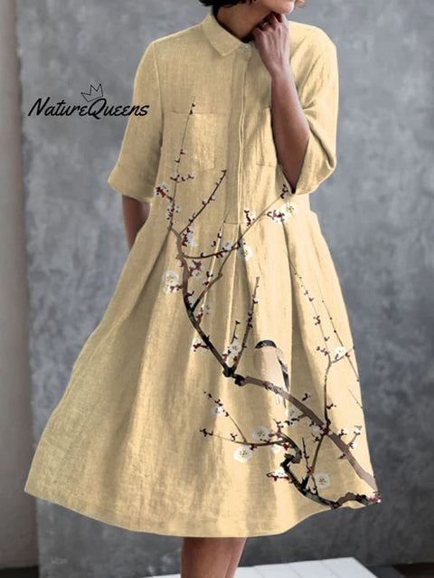 Retro Plum Blossom and Bird Print Casual Pocket Half Sleeve Dress