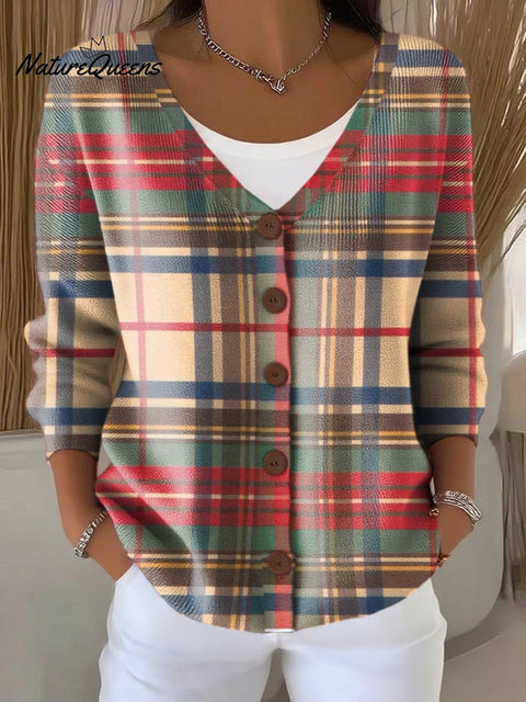 Women's Retro Christmas Plaid Art Print Cardigan