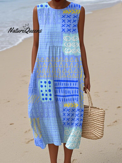 Women's Retro Abstract Geometric Print Cotton and Linen Dress
