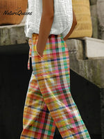Vintage Check Print Lace - Up Casual Pants