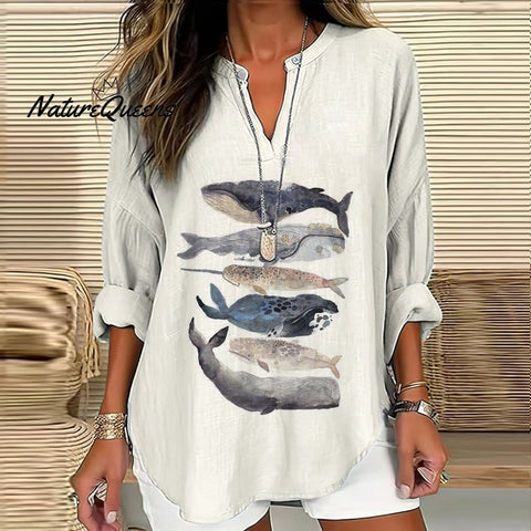 Retro Whale Art Fish Print Long Sleeve Blouse