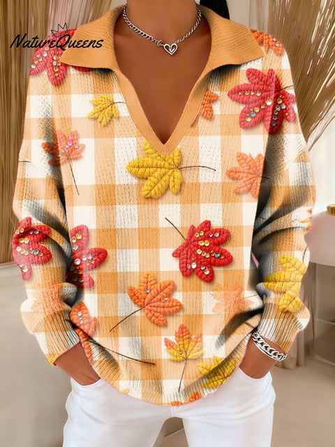 Women's Casual Retro Autumn Plaid Fallen Leaves Sweatshirt