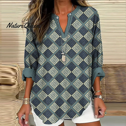 Greek Key Print V-neck Linen Blend Blouse