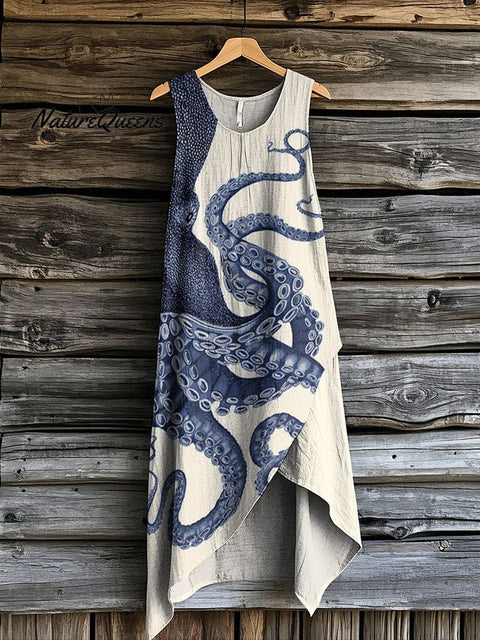 Women's Japanese Octopus Art Print Irregular Midi Dress