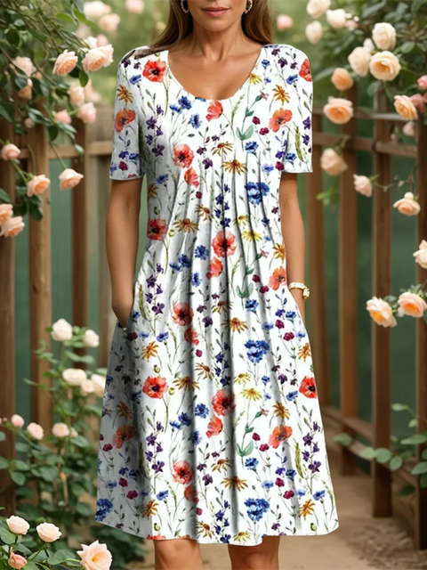 Elegant Floral Print Pleated Pocket Dress