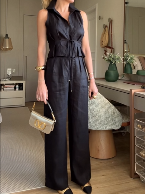 Pleated Lace-Up Top and Trousers Linen Suit