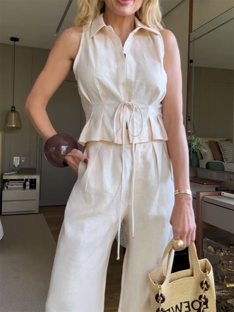 Pleated Lace-Up Top and Trousers Linen Suit