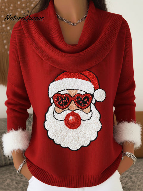 Christmas Fun Santa Claus Print Cowl Neck Sweater Top