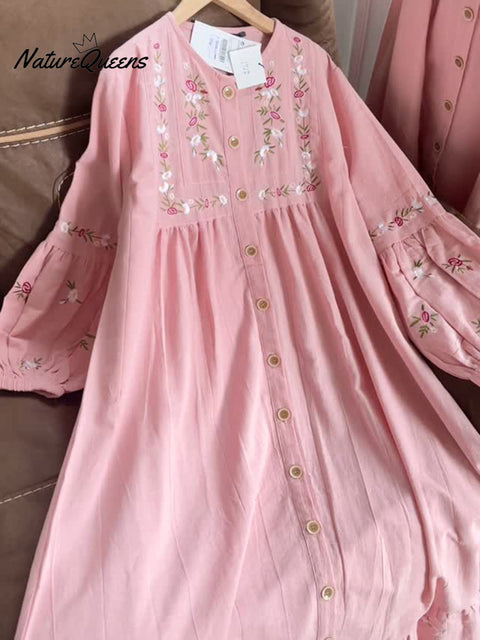 Floral Embroidered Button-Down Lantern Sleeve Cotton Dress