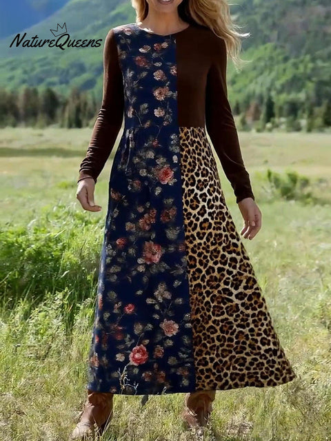 Women's Bohemian Floral Leopard Print Stretch Dress