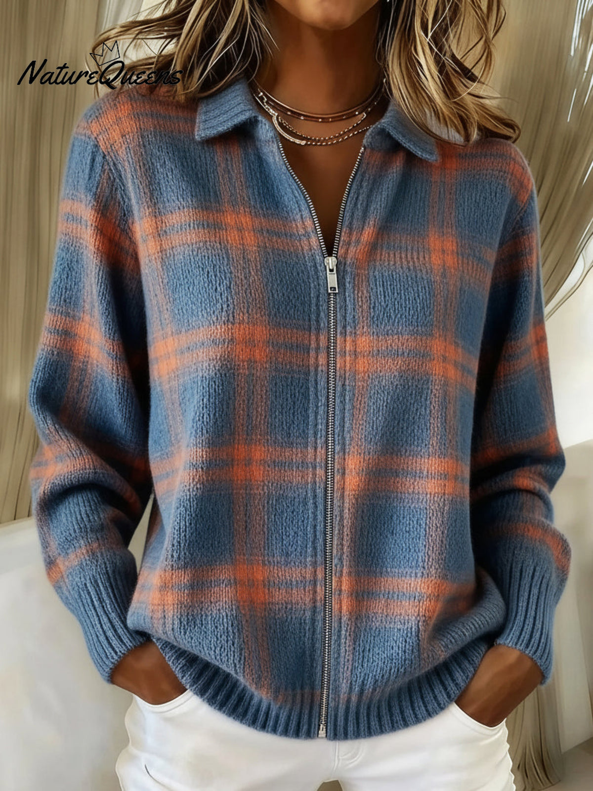 Contrast Plaid Polo Collar Zip-up Cardigan