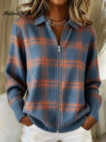 Contrast Plaid Polo Collar Zip-up Cardigan