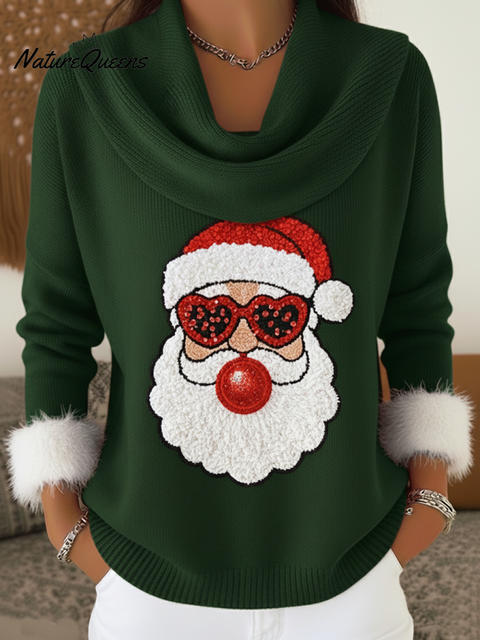 Christmas Fun Santa Claus Print Cowl Neck Sweater Top