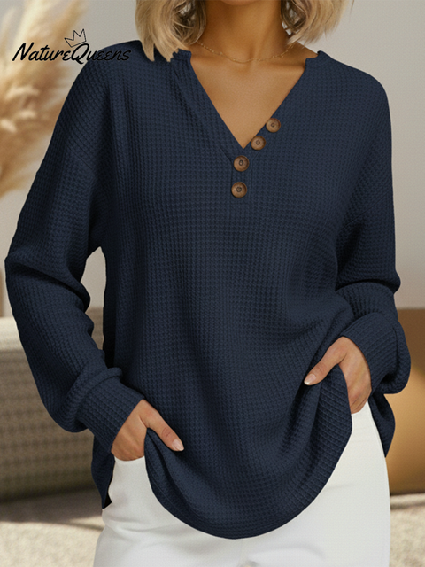 Casual V-neck Button-down Waffle Sweatshirt Top